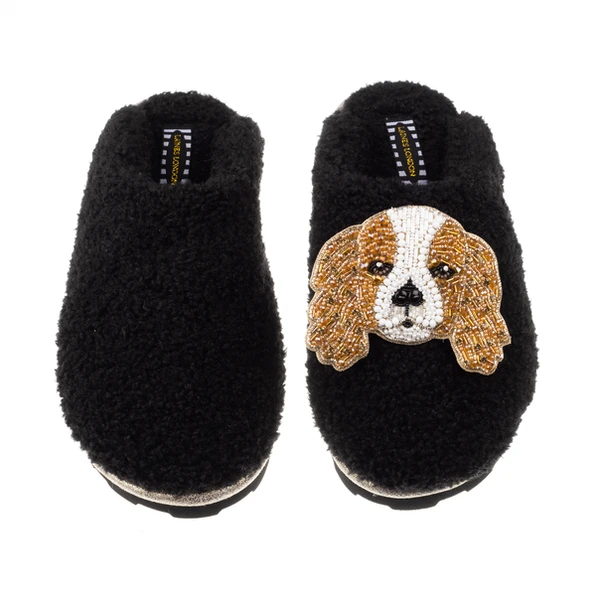 Laines London Teddy Closed Toe Slippers With Lady The King Charles Cavalier Brooch