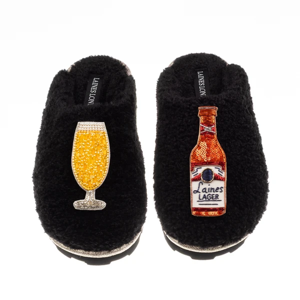 Laines London Teddy Closed Toe Slippers With Laines American Lager Brooches