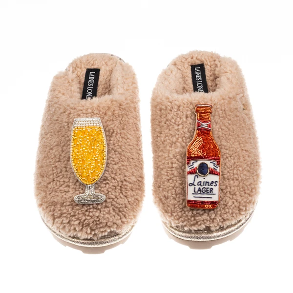 Laines London Teddy Closed Toe Slippers With Laines American Lager Brooches