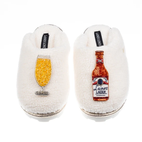 Laines London Teddy Closed Toe Slippers With Laines American Lager Brooches