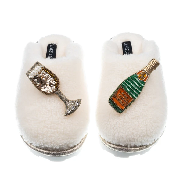Laines London Teddy Closed Toe Slippers With Laines Champers Brooches