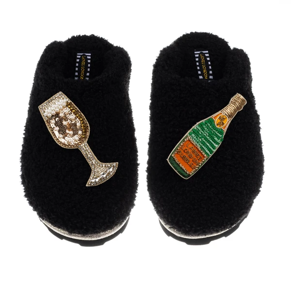 Laines London Teddy Closed Toe Slippers With Laines Champers Brooches