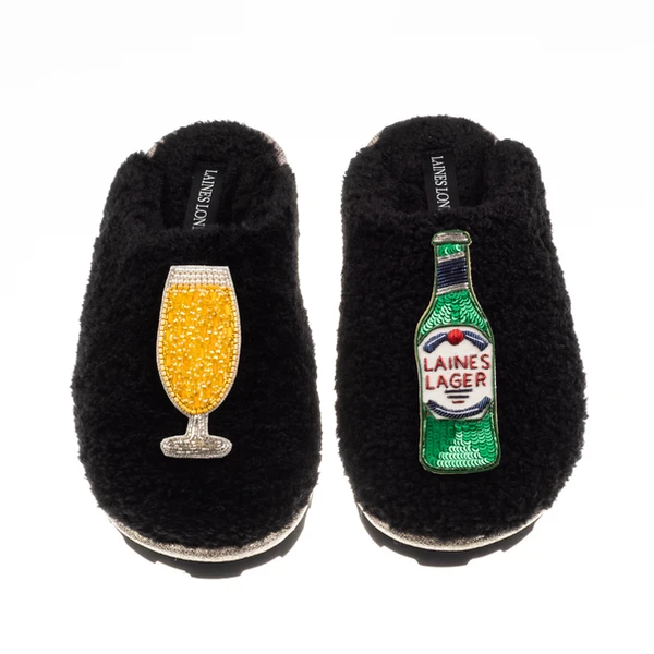 Laines London Teddy Closed Toe Slippers With Laines Italian Lager Brooches