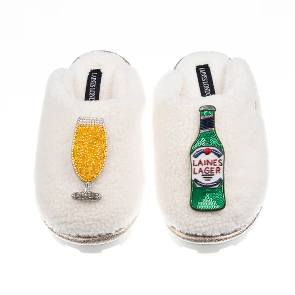 Laines London Teddy Closed Toe Slippers With Laines Italian Lager Brooches