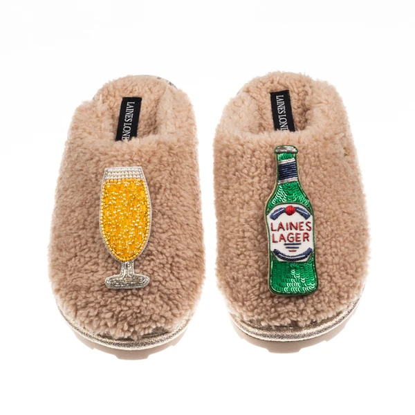 Laines London Teddy Closed Toe Slippers With Laines Italian Lager Brooches