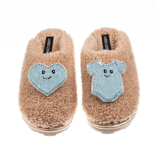 Laines London Teddy Closed Toe Slippers With Laines Lovables Blue Love & Baby Grow Brooches