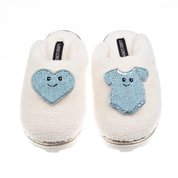 Laines London Teddy Closed Toe Slippers With Laines Lovables Blue Love & Baby Grow Brooches