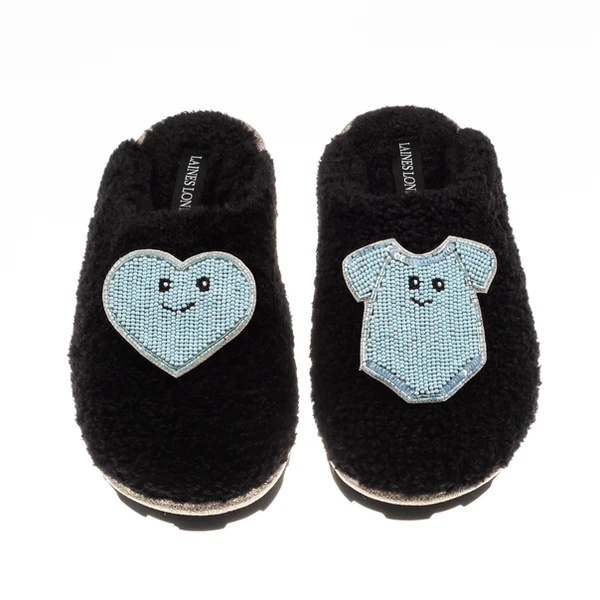 laines london Teddy Closed Toe Slippers With Laines Lovables Blue Love & Baby Grow Brooches