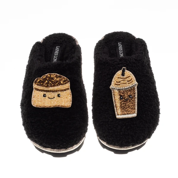 Laines London Teddy Closed Toe Slippers With Laines Lovables Coffee Beans & Frappe Brooches