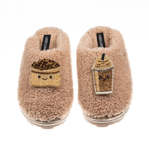 Laines London Teddy Closed Toe Slippers With Laines Lovables Coffee Beans & Frappe Brooches