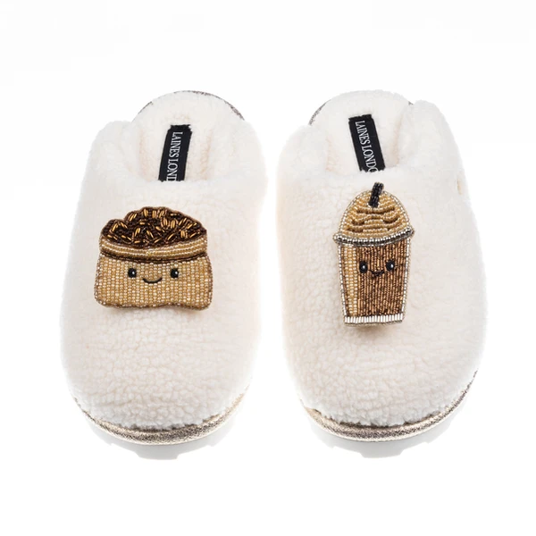 Laines London Teddy Closed Toe Slippers With Laines Lovables Coffee Beans & Frappe Brooches