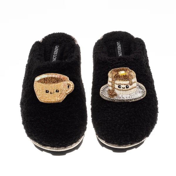 Laines London Teddy Closed Toe Slippers With Laines Lovables Coffee & Pancake Brooches
