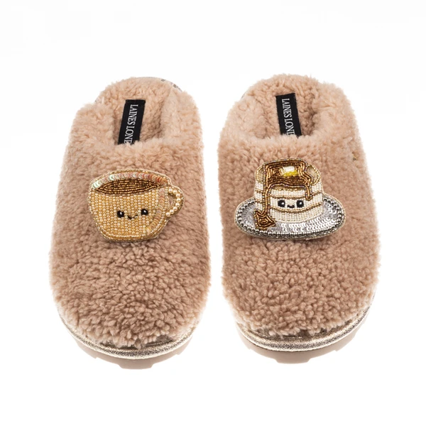 Laines London Teddy Closed Toe Slippers With Laines Lovables Coffee & Pancake Brooches