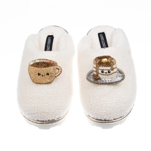 Laines London Teddy Closed Toe Slippers With Laines Lovables Coffee & Pancake Brooches