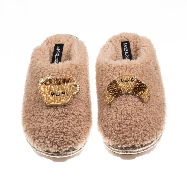 Laines London Teddy Closed Toe Slippers With Laines Lovables Coffee & Croissant Brooches