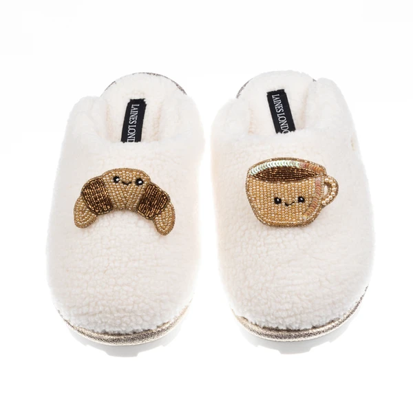 Laines London Teddy Closed Toe Slippers With Laines Lovables Coffee & Croissant Brooches