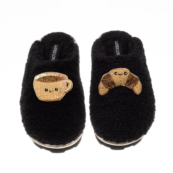 laines london Teddy Closed Toe Slippers With Laines Lovables Coffee & Croissant Brooches