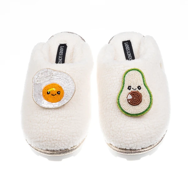 Laines London Teddy Closed Toe Slippers With Laines Lovables Egg & Avocado Brooches