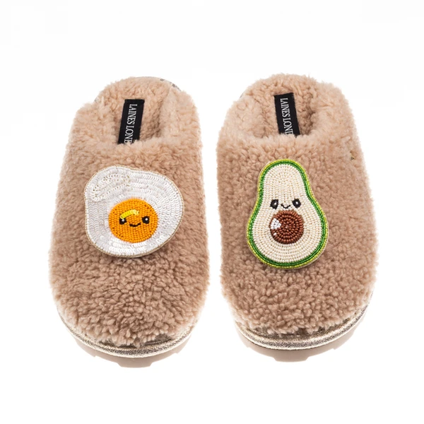 Laines London Teddy Closed Toe Slippers With Laines Lovables Egg & Avocado Brooches