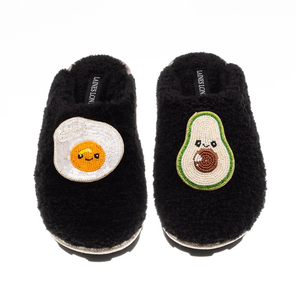 Laines London Teddy Closed Toe Slippers With Laines Lovables Egg & Avocado Brooches