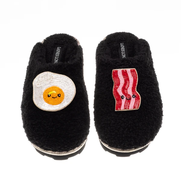 Laines London Teddy Closed Toe Slippers With Laines Lovables Egg & Bacon Brooches