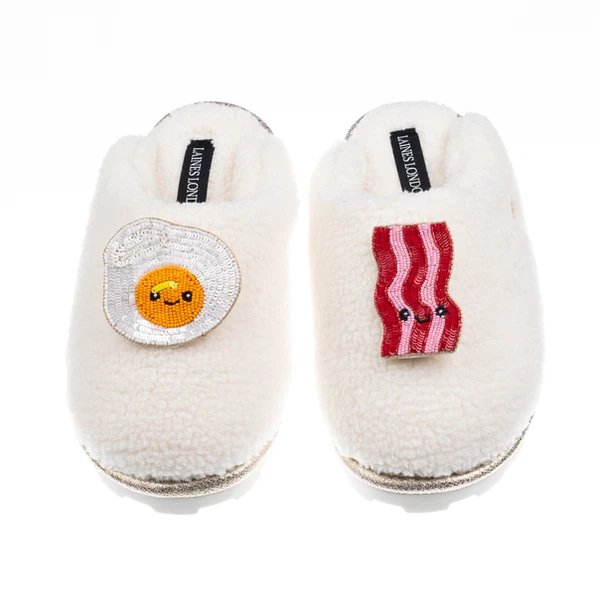Laines London Teddy Closed Toe Slippers With Laines Lovables Egg & Bacon Brooches