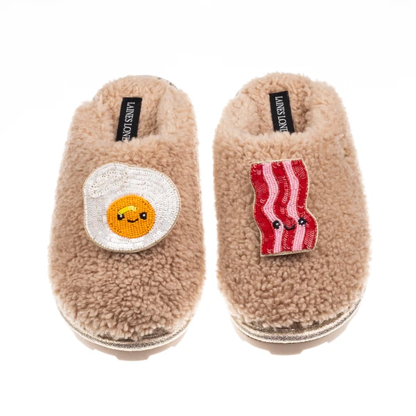 laines london Teddy Closed Toe Slippers With Laines Lovables Egg & Bacon Brooches