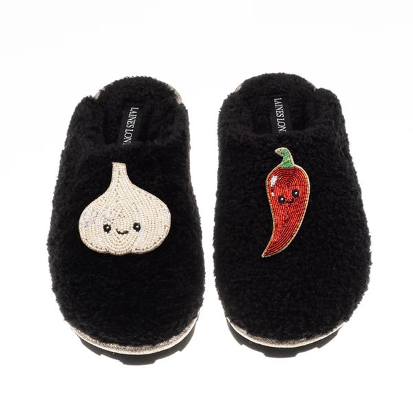 Laines London Teddy Closed Toe Slippers With Laines Lovables Garlic & Chilli Brooches