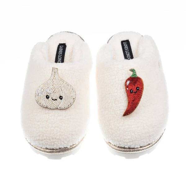laines london Teddy Closed Toe Slippers With Laines Lovables Garlic & Chilli Brooches