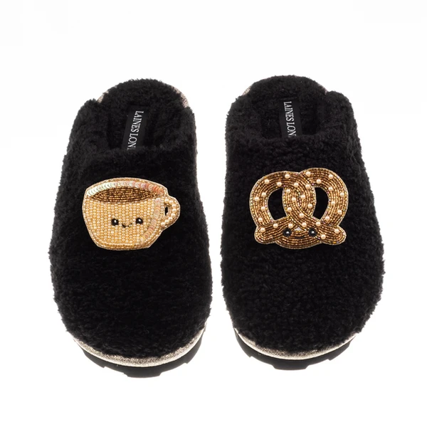 Laines London Teddy Closed Toe Slippers With Laines Lovables Hot Chocolate & Pretzel Brooches