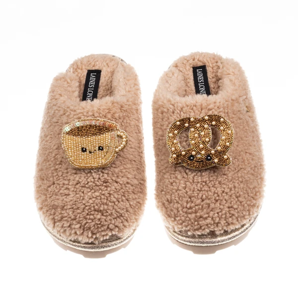 laines london Teddy Closed Toe Slippers With Laines Lovables Hot Chocolate & Pretzel Brooches
