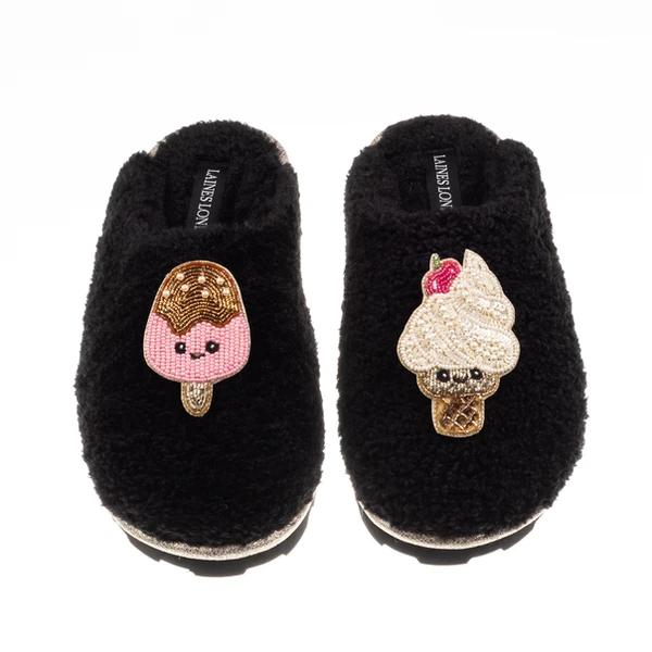 Laines London Teddy Closed Toe Slippers With Laines Lovables Ice Lolly & Ice Cream Brooches