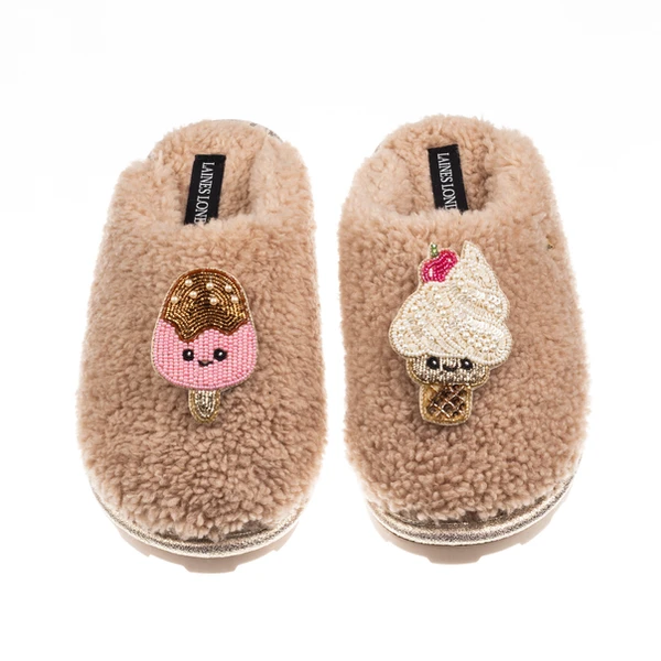 Laines London Teddy Closed Toe Slippers With Laines Lovables Ice Lolly & Ice Cream Brooches