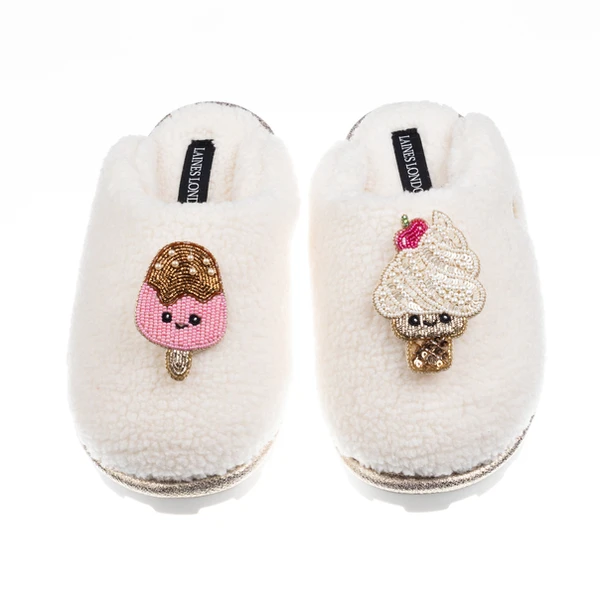 Laines London Teddy Closed Toe Slippers With Laines Lovables Ice Lolly & Ice Cream Brooches