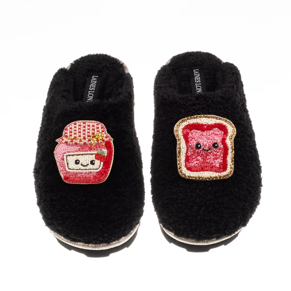 Laines London Teddy Closed Toe Slippers With Laines Lovables Jam & Toast Brooches
