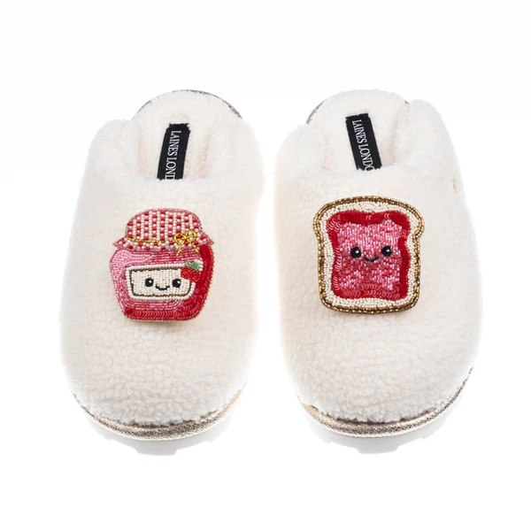 Laines London Teddy Closed Toe Slippers With Laines Lovables Jam & Toast Brooches