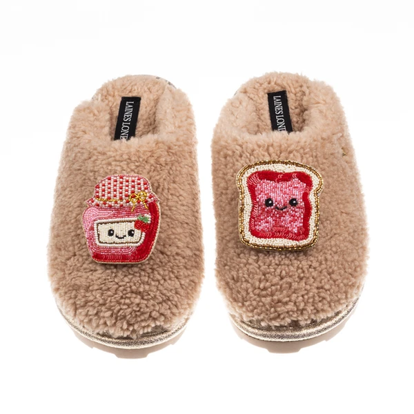 Laines London Teddy Closed Toe Slippers With Laines Lovables Jam & Toast Brooches