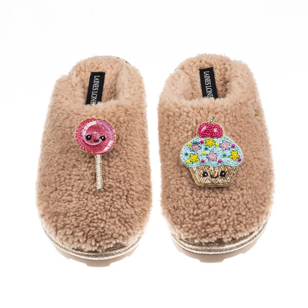 Laines London Teddy Closed Toe Slippers With Laines Lovables Lollipop & Cupcake Brooches