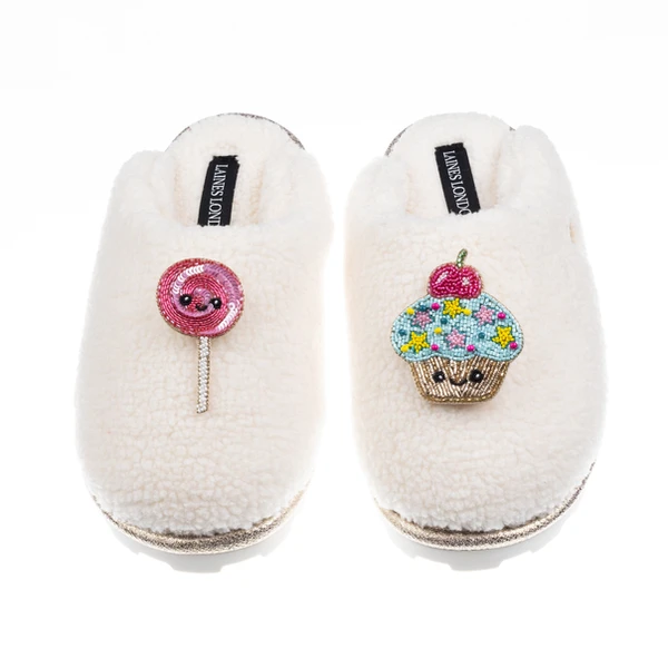 Laines London Teddy Closed Toe Slippers With Laines Lovables Lollipop & Cupcake Brooches