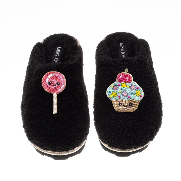 Laines London Teddy Closed Toe Slippers With Laines Lovables Lollipop & Cupcake Brooches