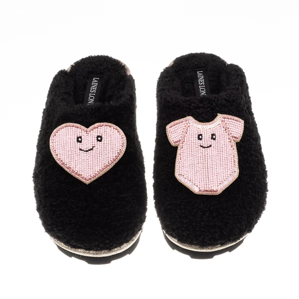 Laines London Teddy Closed Toe Slippers With Laines Lovables Pink Love & Baby Grow Brooches