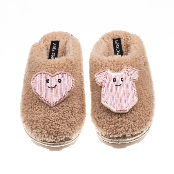 laines london Teddy Closed Toe Slippers With Laines Lovables Pink Love & Baby Grow Brooches