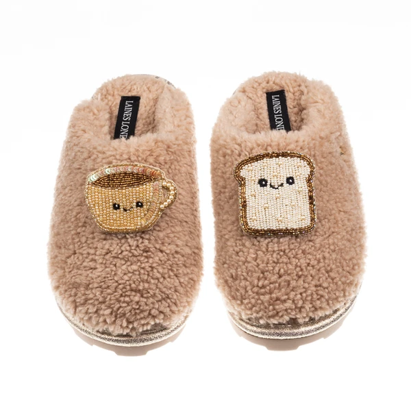 Laines London Teddy Closed Toe Slippers With Laines Lovables Tea & Toast Brooches