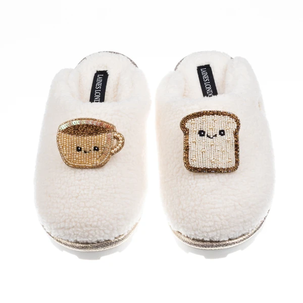 Laines London Teddy Closed Toe Slippers With Laines Lovables Tea & Toast Brooches