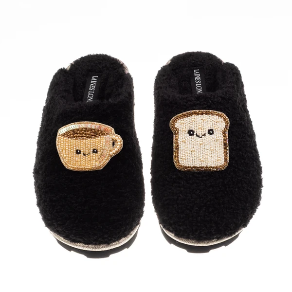 laines london Teddy Closed Toe Slippers With Laines Lovables Tea & Toast Brooches