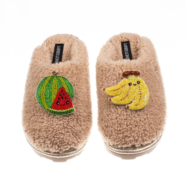 Laines London Teddy Closed Toe Slippers With Laines Lovables Watermelon & Banana Brooches