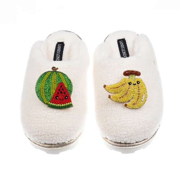 Laines London Teddy Closed Toe Slippers With Laines Lovables Watermelon & Banana Brooches