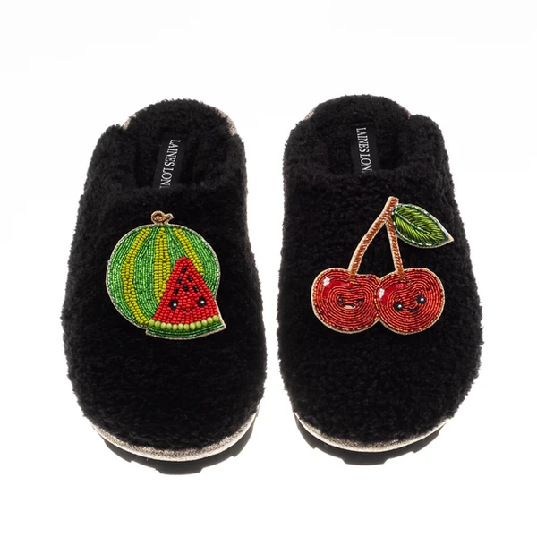 Laines London Teddy Closed Toe Slippers With Laines Lovables Watermelon & Cherry Brooches