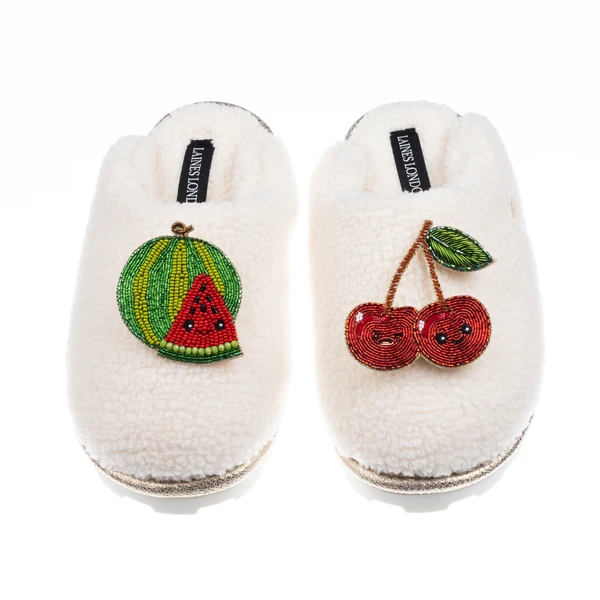 Laines London Teddy Closed Toe Slippers With Laines Lovables Watermelon & Cherry Brooches
