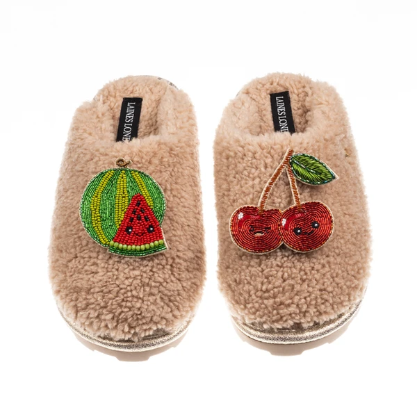 Laines London Teddy Closed Toe Slippers With Laines Lovables Watermelon & Cherry Brooches